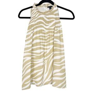 New Ann Taylor Medium Cream Tan Zebra Print Ruffle Smocked Neck Sleeveless Top